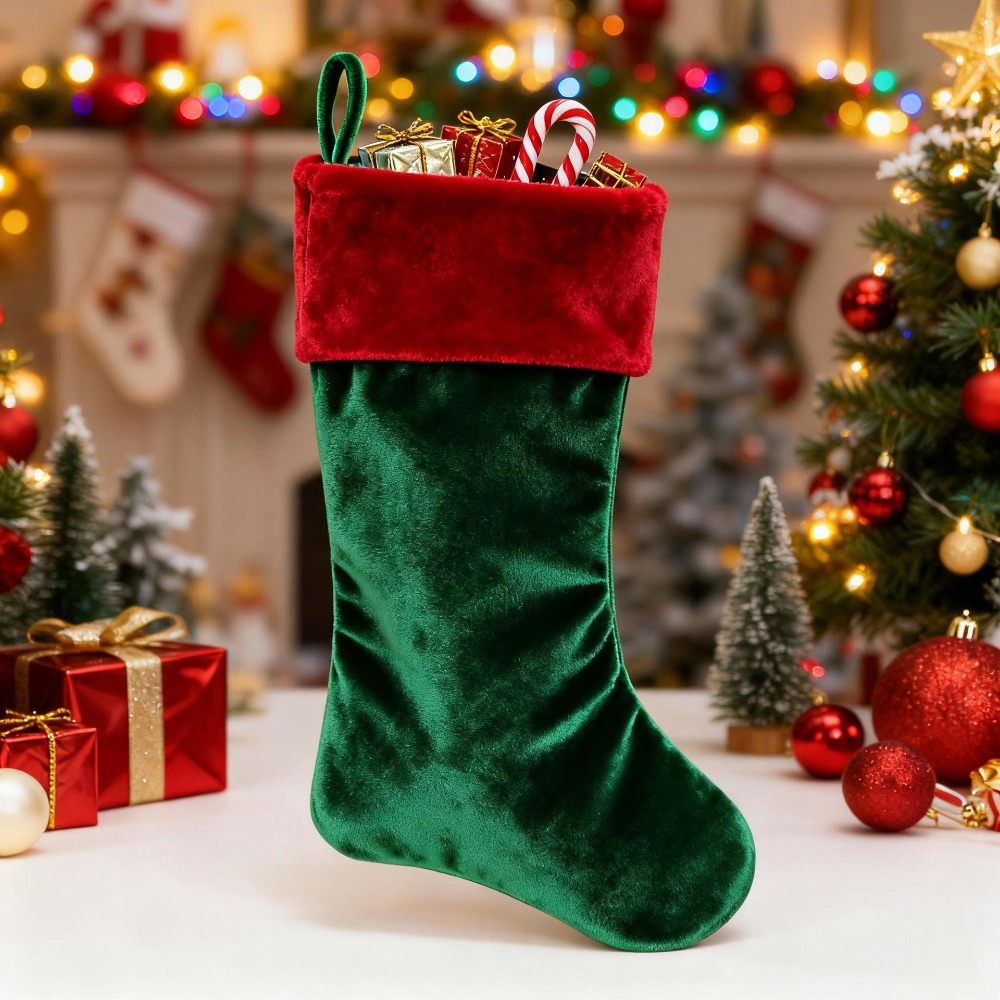 Christmas Stocking Hanging - Red Green Velvet Christmas Stocking Plush